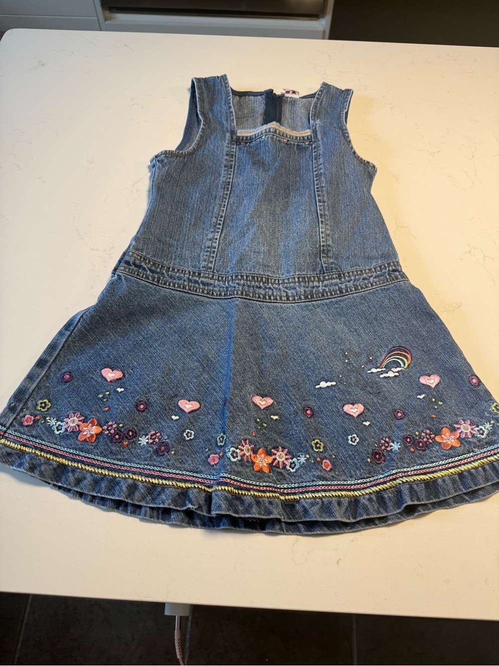 Vintage girls Denim Embroidered Dress with Hearts & Rainbow